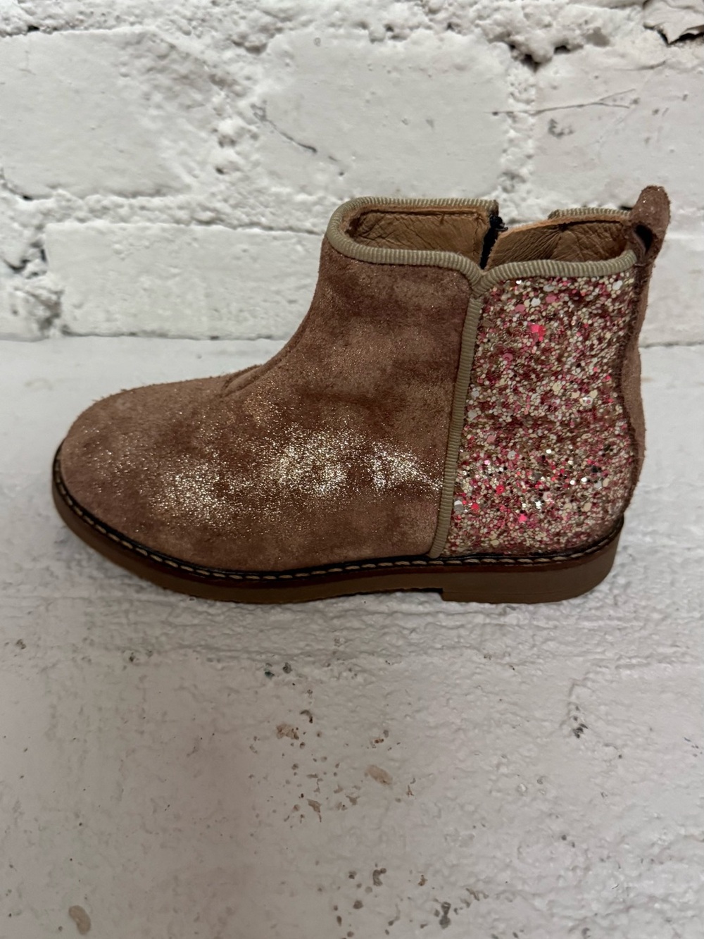 Pom D’api Kids Glitter Suede Ankle Boot - Pink Brown